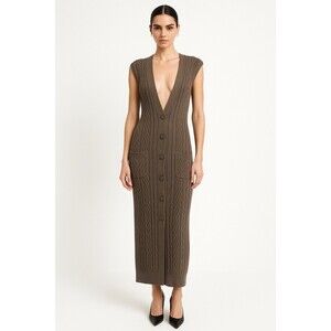 Michelle Mason Dress Cable Knit Taupe Brown Sz S Button Sleeveless Vest Bamboo